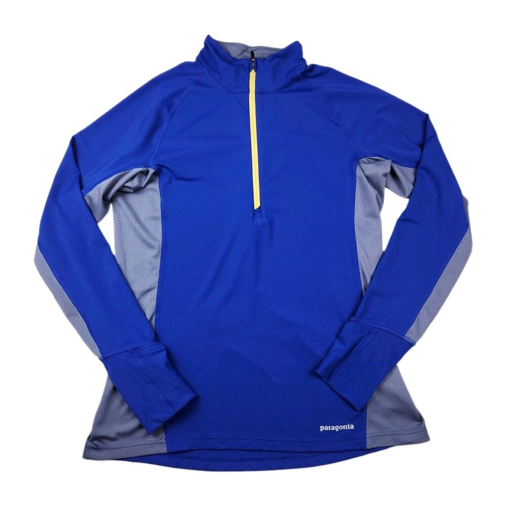 Patagonia All Weather 1/4 Zip Long Sleeve Top Blue/Gray Womens M Logo Thumb Cuff